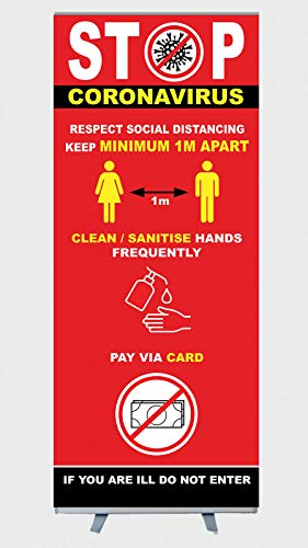 Cartel de seguridad para el cliente con parada de virus, soporte para aviso, 1 m, para lavar las manos, pagar a través de tarjetas banner de 850 mm de ancho x 2000 mm de alto