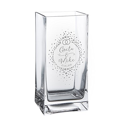 Casa Vivente – Florero con Grabado Individual – Personalizado con 2 Nombres y Fecha– Anillos – Florero Rectangular para Bodas Casa Vivente – Florero con Grabado Individual – Personalizado con 2 Nombres y Fecha– Anillos – Florero Rectangular para Bodas