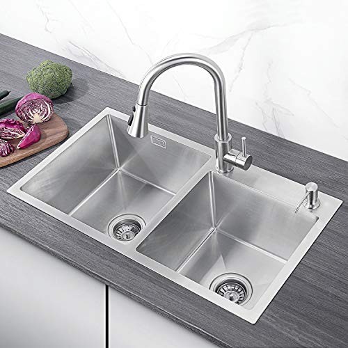 CECIPA Fregadero de Cocina Dos Senos 78×43CM Fregadero de Acero Inox con 2 Orificios de Montaje Fregadero con Sifón y Rebosadero(Dispensador de Jabón Gratis) CECIPA Fregadero de Cocina Dos Senos 78×43CM Fregadero de Acero Inox con 2 Orificios de Montaje Fregadero con Sifón y Rebosadero(Dispensador de Jabón Gratis)