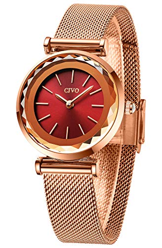 CIVO Reloj Mujer Oro Rosa Elegante Reloj Mujer Acero Inoxidable Delgado Minimalista Relojes de Pulsera Damas Niñas Impermeable Analogico Casual Cuarzo Sencillo - Esfera Roja