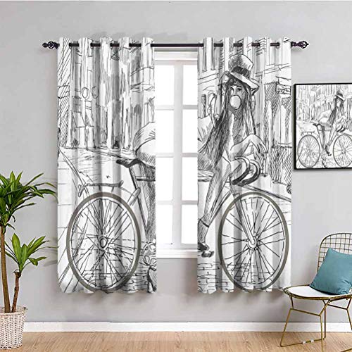 Colección de decoración de bicicletas Cortina oscurecida sexy joven señora masticar goma en su bicicleta en la calle ilustración bosquejo fácil de limpiar gris blanco 150 cm de ancho x 45 cm de largo Colección de decoración de bicicletas Cortina oscurecida sexy joven señora masticar goma en su bicicleta en la calle ilustración bosquejo fácil de limpiar gris blanco 150 cm de ancho x 45 cm de largo