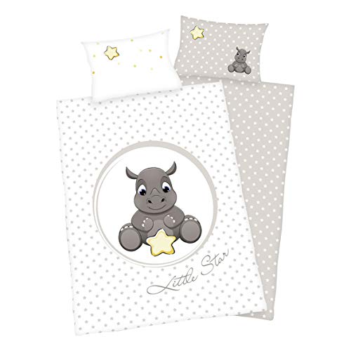 Conjunto de 3 piezas de ropa de cama infantil, reversible, diseño: rinoceronte. 100 x 135 cm, 40 x 60 cm, y sábana bajera ajustable de 70 x 140 cm, color blanco