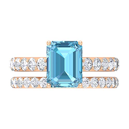 Conjunto de anillos de boda solitario, 7 x 9 mm, corte octágono creado en laboratorio, anillo de aguamarina, D-VSSI Moissanite Eternity Banda, joyas de oro (calidad AAAA), 14K Oro rosa, Size:EU 65