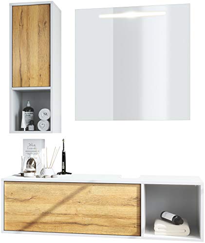 Conjunto de Muebles para baño La Costa, Cuerpo en Blanco Mate/Frentes en Roble Natural, con Espejo LED Conjunto de Muebles para baño La Costa, Cuerpo en Blanco Mate/Frentes en Roble Natural, con Espejo LED