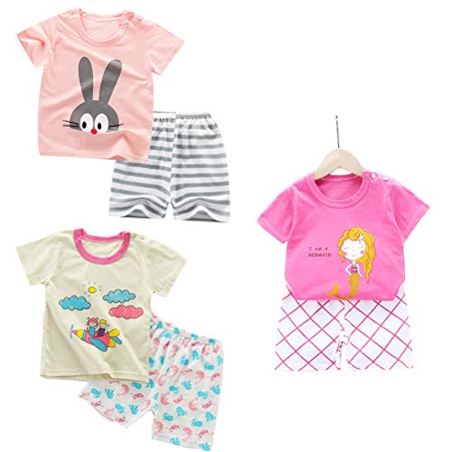 DEYOU - Juego de 3 camisetas de manga corta para niñas y bebés, 6 unidades (con hebilla de hombro) Rosa Set01 80/90 cm(18-24 meses)
