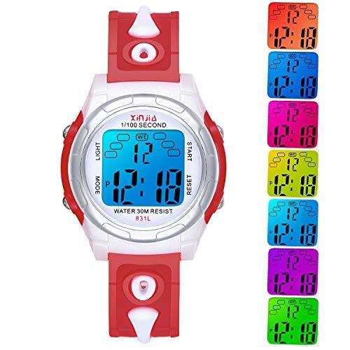 Digitales Relojes para Niñas Niños,7 Colores Reloj Infantil de Pulsera LED Niños Deportes Impermeables Multifuncionales para Exteriores con Cronómetro/Alarma para Edades de 4-15 (Rojo-831)