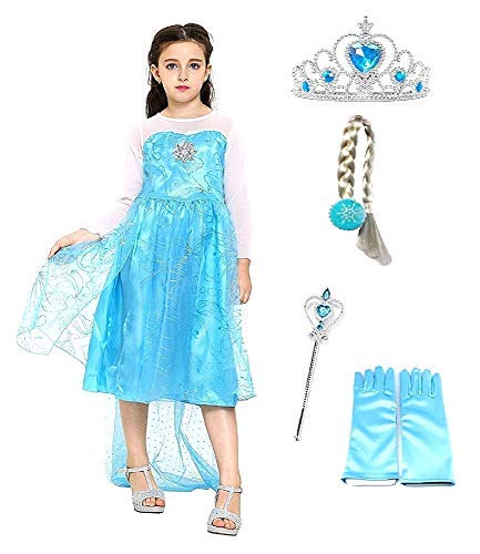 Disfraz de Elsa con Corona - Varita - Guantes - Trenza - Niña - Frozen - Color azul - Disfraz - Carnaval - Halloween - Princesa - Talla 100 - 2 - 3 años - Idea de regalo original