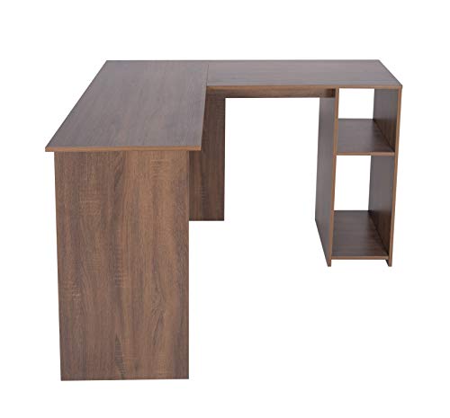Escritorio para computadora en forma de L con 2 estantes de almacenamiento Amplio espacio para las piernas Estructura robusta Estación de trabajo de estilo industrial para oficina doméstica, nogal Escritorio para computadora en forma de L con 2 estantes de almacenamiento Amplio espacio para las piernas Estructura robusta Estación de trabajo de estilo industrial para oficina doméstica, nogal
