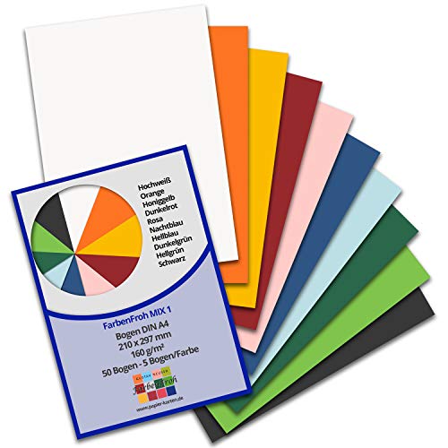 FarbenFroh® - Lote de 50 hojas de papel DIN A4 (1-10 colores, 160 g/m2, 21 x 29,7 cm)