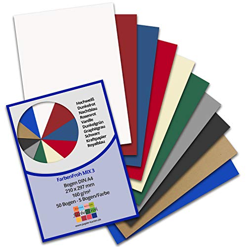 FarbenFroh® - Lote de 50 hojas de papel DIN A4 (3-10 colores, 160 g/m2, 21 x 29,7 cm)