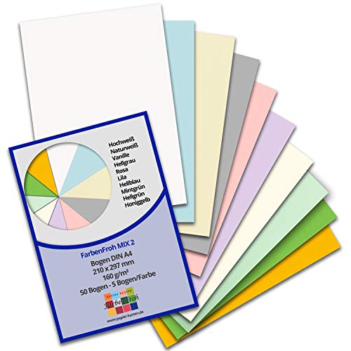 FarbenFroh® - Lote de 50 hojas de papel DIN A4 para manualidades (2-10 colores, 160 g/m2, 21 x 29,7 cm)