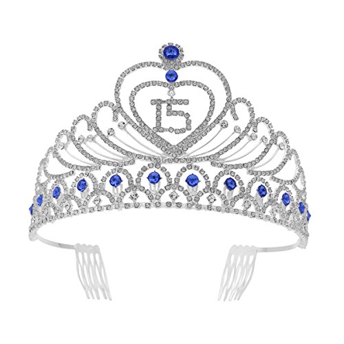 Frcolor Corona Cumpleaños 15 Años Diadema Cumpleaños Mujer Tiara Cristal con Peines (Plata Azul)