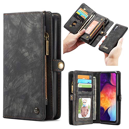 Funda con Tapa De Cuero para Samsung Galaxy A50 Multifunción Desmontable 2in1 Vintage Magnética Adsorción Cremallera Cartera Bolsillos Ranuras para Tarjetas Cubierta Negro