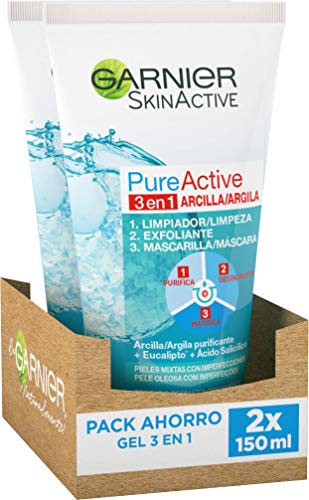Garnier Skin Active Gel 3 en 1 Arcilla, para Pieles Mixtas a Grasas, Limpia, Exfolia y Matifica, Pack de 2 x 150ml