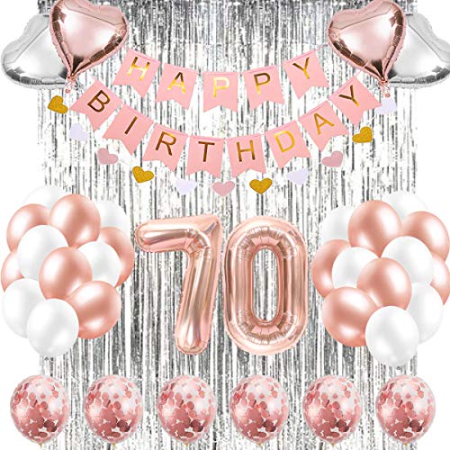 Globo con decoración de cumpleaños número 70, cartel de feliz cumpleaños, globos con números de oro rosa número 70, globos de cumpleaños número 70, suministros de decoración de cumpleaños de 70 años
