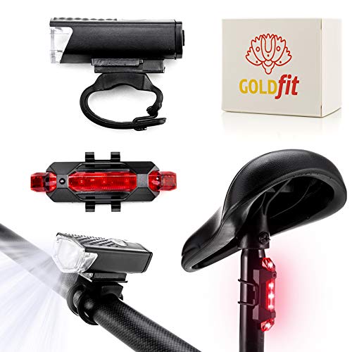 GOLDFIT Kit Luces de Bicicleta Trasera y Delantera, Luz Recargable USB. Accesorios de focos led Alta Potencia para Carretera y montaña. Linterna Impermeable con 3 Posiciones Intermitentes.