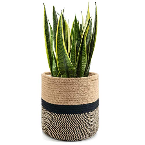 Goodpick Cesta de cuerda de yute resistente para macetas de 25 cm, maceta de interior, 28 x 28 cm, cesta organizadora de almacenamiento rústica, decoración del hogar, rayas negras y beige Goodpick Cesta de cuerda de yute resistente para macetas de 25 cm, maceta de interior, 28 x 28 cm, cesta organizadora de almacenamiento rústica, decoración del hogar, rayas negras y beige