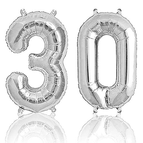 Happyhours Globo con el número 30 en plata para decoración de cumpleaños de hombre 30