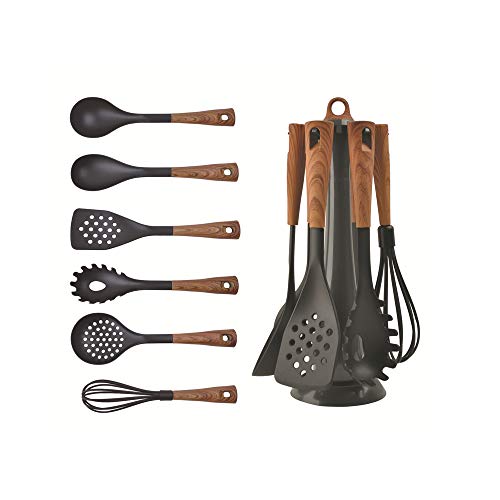 HARVESTFLY Juego de utensilios de cocina, 7 piezas de silicona, con mango de madera y soporte giratorio, fácil de limpiar