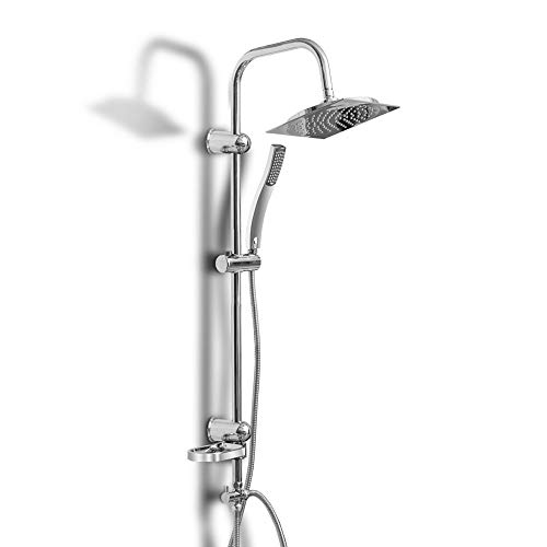 Hengda sistema de ducha con ducha de lluvia cuadrada de arriba de 20cm y cabezal de ducha de mano de 12cm y barra deslizante, columna de ducha cromada de montaje en pared con altura ajustable