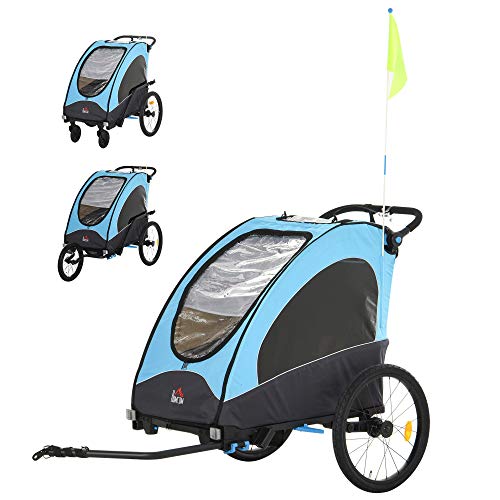 HOMCOM Remolque Infantil 3en1 para Bicicleta Carro de 2 Plazas para Niños de +6 Meses Plegable Ruedas Giratorias y Manillar Ajustable 150x85x107 cm Azul