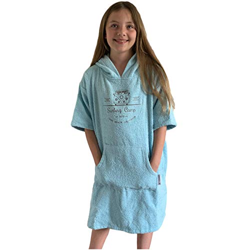 HOMELEVEL Poncho de baño para niños, de rizo, con capucha y bordado, 100% algodón, azul claro, 6-9 Años