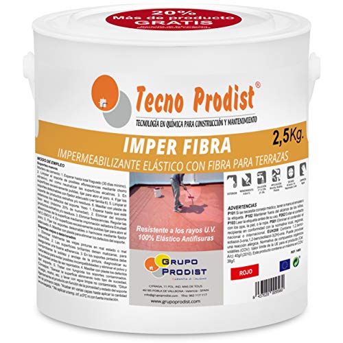 IMPER FIBRA de Tecno Prodist - 2,5 Kg (ROJO) Pintura Impermeabilizante elástica para Terrazas con Fibras - (A Rodillo o brocha, disponible en color rojo o blanco)