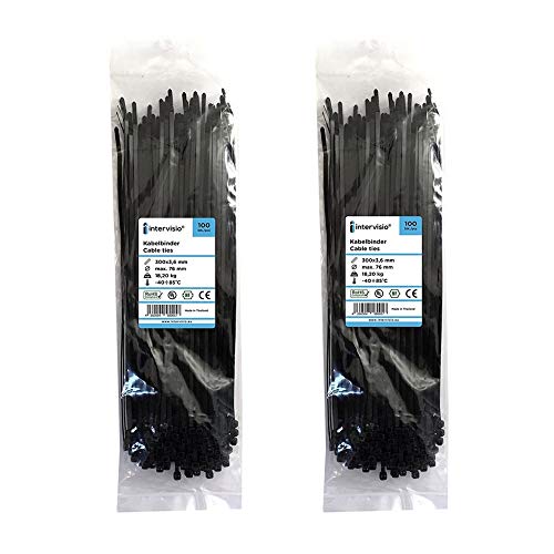 intervisio Bridas de Plastico para Cables 300mm x 3,6mm, Negro, 200 Piezas