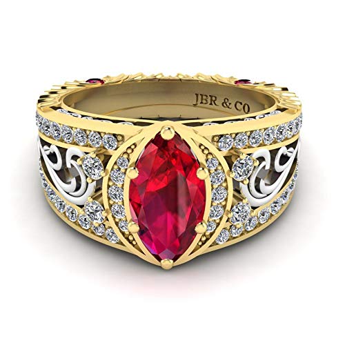 Jbr Anillo de compromiso de dos tonos con rubí sintético de corte marquesa en plata de ley, el mejor regalo para mujeres y novias con caja de joyería Jbr Anillo de compromiso de dos tonos con rubí sintético de corte marquesa en plata de ley, el mejor regalo para mujeres y novias con caja de joyería