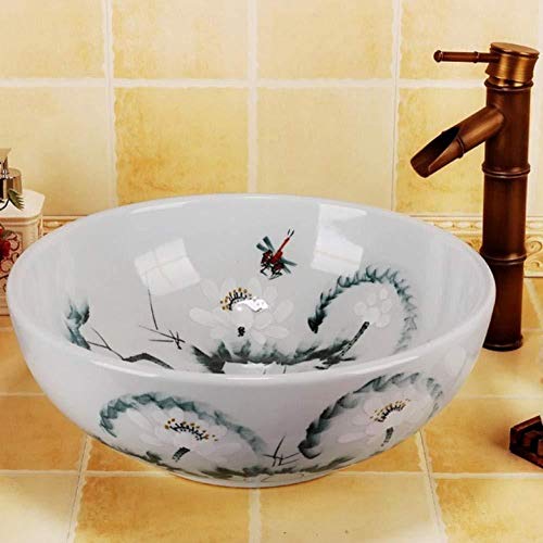 Jgophu Lavabo de baño antiguo pintado a mano, diseño de flor de loto, cerámica y porcelana
