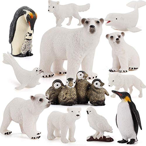 Juego de 12 figuras de animales polares realistas de plástico con forma de animales árticos que contiene oso polar Karibu para decoración de pasteles, Navidad, cumpleaños, juguetes para niños pequeños
