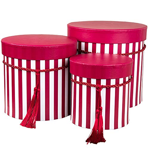 Juego de 3 redonda cajas de almacenaje con tapa en rojo, con cordón y borla de gorro caja caja de almacenamiento, con rayas, rayas redondo caja de flores en rojo oscuro Juego de 3 redonda cajas de almacenaje con tapa en rojo, con cordón y borla de gorro caja caja de almacenamiento, con rayas, rayas redondo caja de flores en rojo oscuro