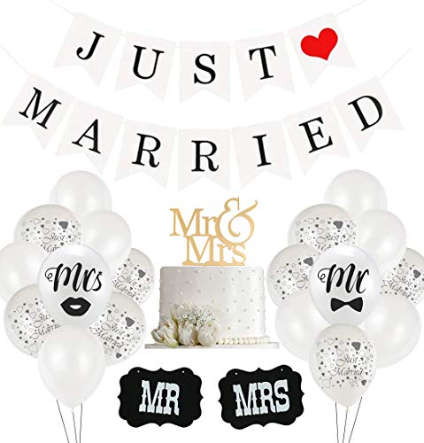 Juego de decoración de boda para recién casados, 30 globos blancos, 10 globos para recién casados, 2 letreros MR y MRS, 1 pancarta guirnalda de recién casados ​de fiesta boda propuesta matrimonio