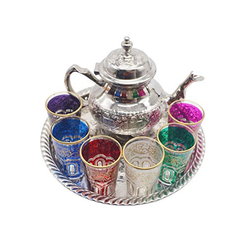 Juego de té marroquí, Tetera de Plata Alemana o Alpaca con Patas 800 ml, Bandeja con Patas 27 cm y 6 Vasos de Colores