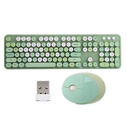 Juego de Teclado y Mouse inalámbricos, 2.4Ghz 104 Teclas Estilo Retro de máquina de Escribir Escritorio de Oficina Teclado mecánico Combo de Ratones con botón Multimedia(Verde)
