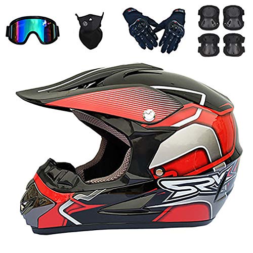 J&Z Casco de Motocross Casco + máscara + Gafas + Guantes + Almohadillas de Codo + Rodilleras Seis Conjuntos Traje de protección de Seguridad Adecuado para Adolescentes y Adultos, G,S