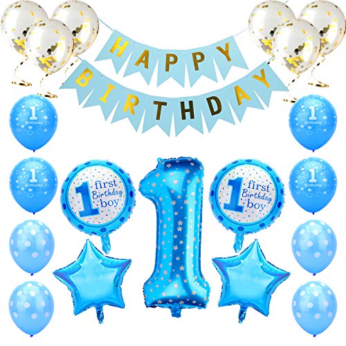 KATELUO Globos de Cumpleaños 1 Año, 1er Cumpleaños Bebe Globos Decoracion, 1 Año Bebe Niña Niño Globos Rosado Azul de Cumpleaños con Banner de Feliz (Azul)