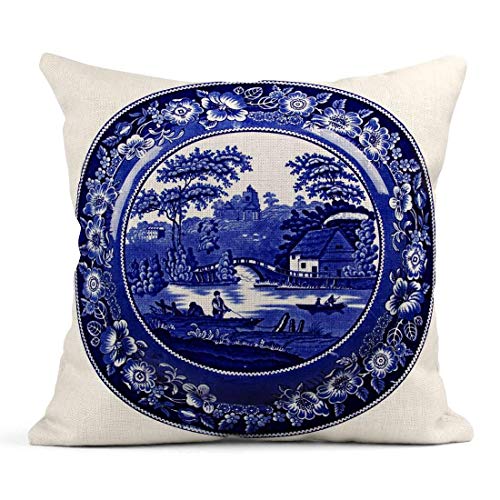 Kinhevao Cojín Azul Delft Plato holandés Muy Antiguo Cerámica de Porcelana Cojín de Lino holandés Blanco Antiguo Almohada Decorativa para el hogar