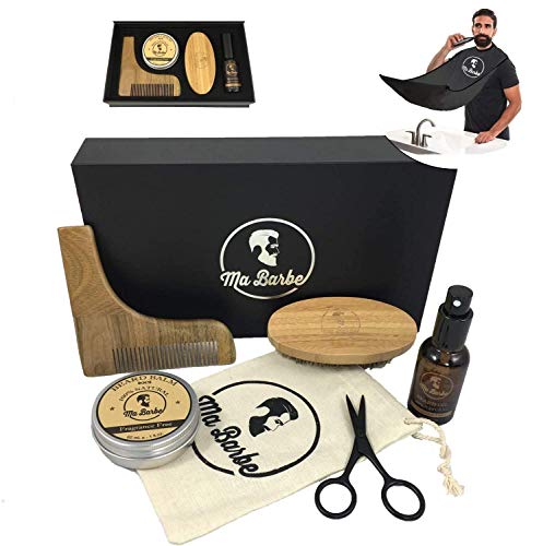 Kit cuidado de barba CALIDAD PREMIUM con aceite y bálsamo ORGÁNICO (sin fragancia), cepillo, peine, tijeras y una bolsa de transporte. Un delantal de barba GRATIS. Todo en una elegante caja de regalo