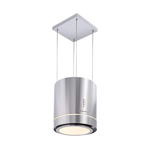 Klarstein Tron Ambience - Campana extractora, Extractor de humos tipo isla, Ø 38cm, Potencia de 165 W, Ventilación máxima de 540m³/h, 3 niveles de potencia, Iluminación LED, Acero, Gris