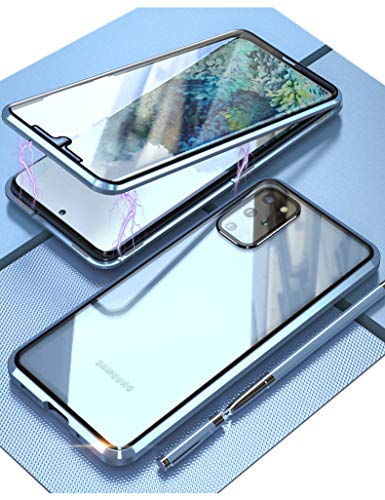 KumWum Magnético Case para Samsung Galaxy S20 Plus 5g, S20+ Funda 360 Grados Clear Doble Vidrio Templado con Metal Protector de Lente Teléfono Carcasa - Azul