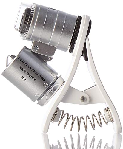 KUYiA Microscopio de Bolsillo, 60x LED Clip-Type Mini Microscope para Teléfono Móvil, Portátil Joyeria Lupa HD Magnifier Micro Lente UV Detector de Divisas Compatible con iPhone, Samsung – Plata