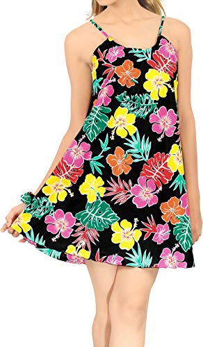 LA LEELA Mini Vestido de la Hawaiana Ocasional de Las Mujeres Floja Elegante Playa de oscilación Negro_Z56 M