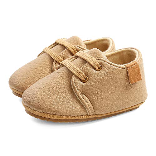 LACOFIA Zapatos Oxford con Cordones para Bebé Niños Zapatillas Primeros Pasos Antideslizantes para Bebés Caqui 3-6 Meses