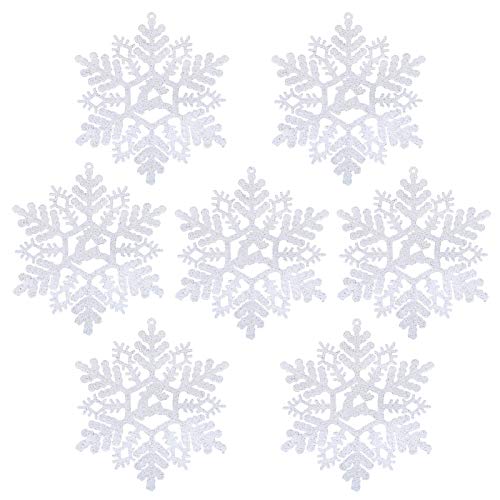 LIHAO 24 Copos de Nieve para árboles de Navidad, de Color Blanco con Purpurinas Colgantes Decoraciones Plastico