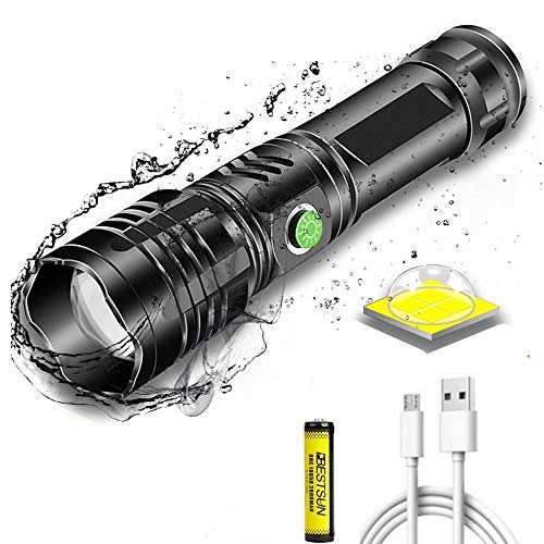 Linterna LED súper brillante 8000 lúmenes recargable, XHP50 Linterna táctica de alta potencia con zoom Linterna de mano 5 modos Antorchas LED impermeables con luz indicadora de encendido para acampar