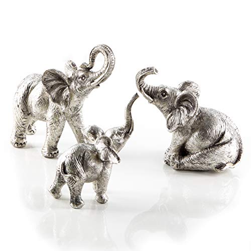 Logbuch-Verlag 3 figuras de elefante de piedra artificial, plata brillante, elefantes africanos, figuras decorativas para colocar de pie, amuleto de la suerte decorativo elefante