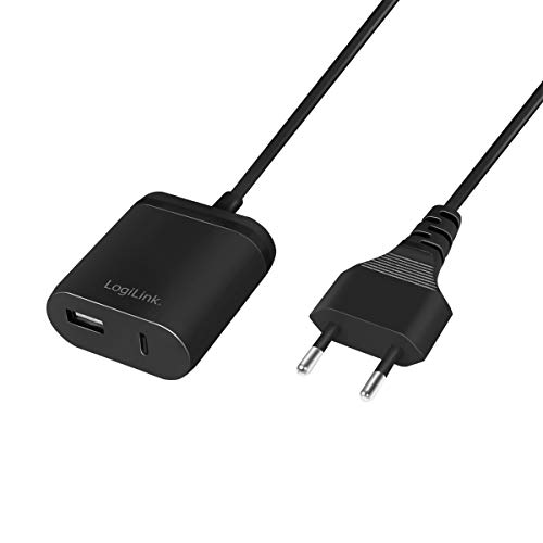 LogiLink PA0256 - Adaptador de Corriente USB con Cable Fijo de 1,5 m, 1 USB-A y 1 USB-C, 12 W (5 V/2,4 A), Color Negro