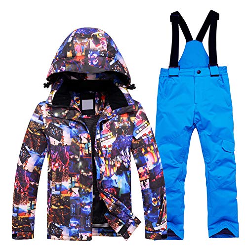 LSHEL Traje de esquí para niña, chaqueta y pantalones de esquí impermeables, cortavientos, traje funcional para la nieve, chaqueta para la nieve Top + pantalones azules. 146 cm (XL)