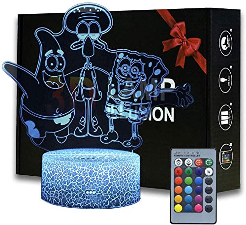 Luz nocturna 3D para niños, lámpara de noche con cambio de 16 colores con mando a distancia, lámpara de noche para niños y adultos Bob Esponja